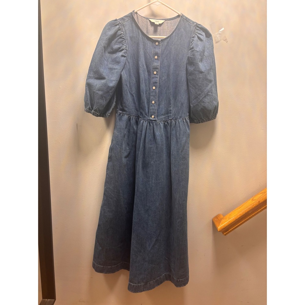 M&S Denim Midi Dress Womens 6 Petite Blue Excellent Puff Sleeve Button Front